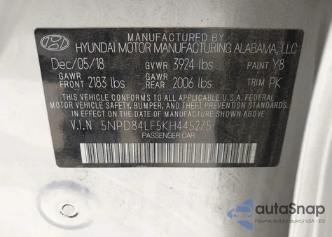 2019 Hyundai Elantra Sel z USA, uszkodzony, nr VIN 5NPD84LF5KH445275